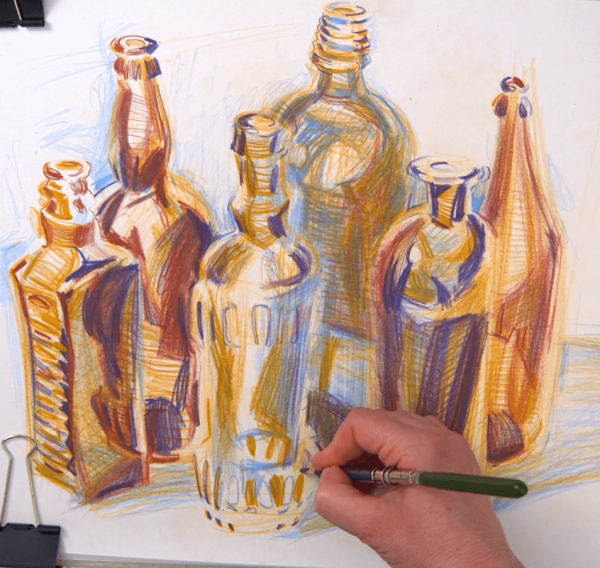 Натюрморт с бутылками цветными карандашами