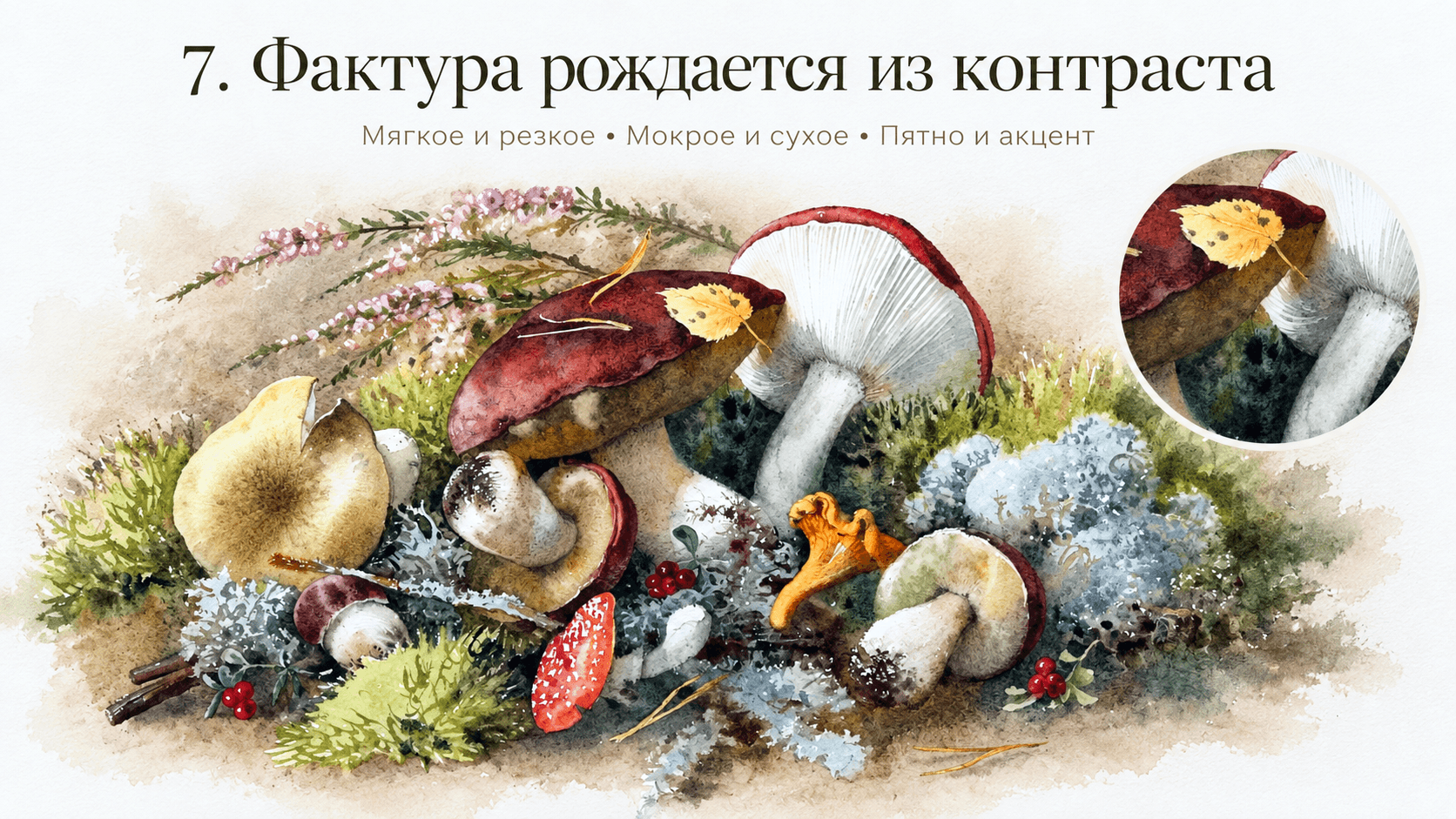 Читать больше о «Как рисовать грибы акварелью и передать живую фактуру» в блоге Lectoroom Иллюстрация к статье «Как рисовать грибы акварелью и передать живую фактуру»
