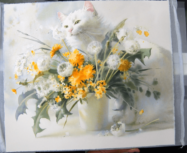 Одуванчики и белая кошка акварелью