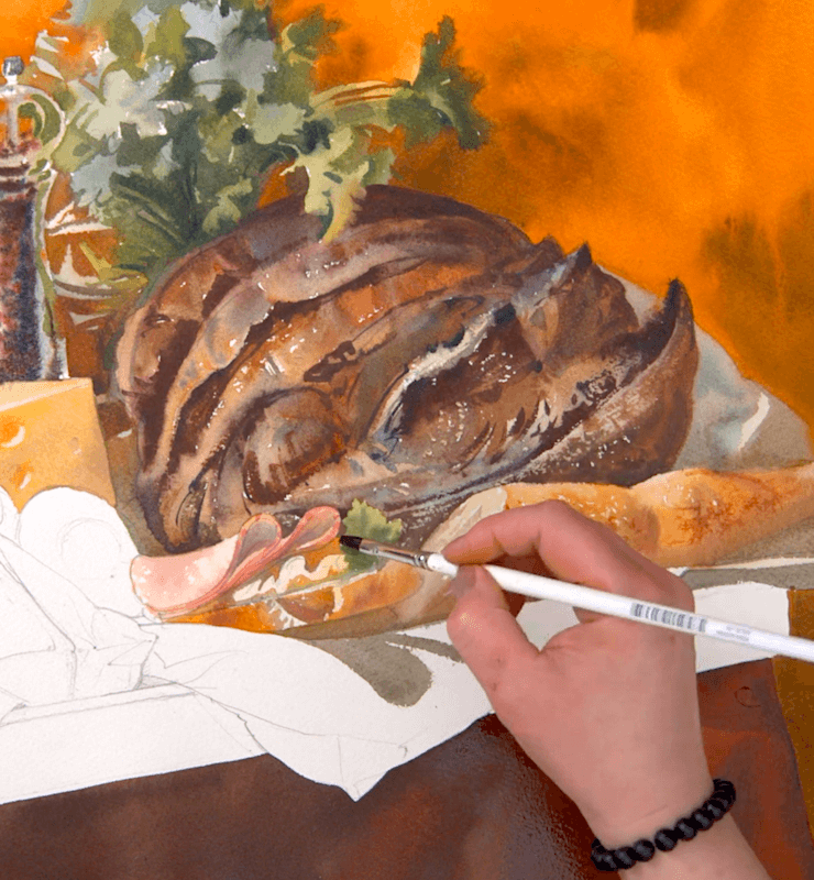 Painting still life with bread and cheese with watercolor